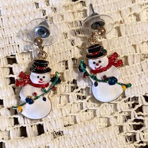 Snowman Post Back Earrings Holiday Jewelry Enameled Rhinestones Sparkly